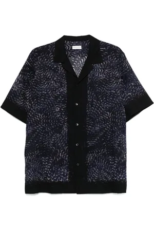 DRIES VAN NOTEN Koszule, Mężczyzna, Niebieski, L, Bawełna, Granatowa koszula z nadrukiem graficznym z kołnierzykiem Camp Collar