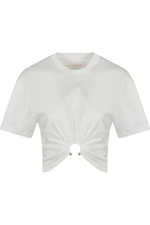 Paco rabanne Koszulki, Kobieta, Biały, L, Bawełna, Beżowa bawełniana koszulka z marszczeniami