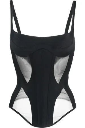 MUGLER Koszulki, Kobieta, Czarny, M, Spandex, Gorsetowy top z transparentnymi panelami