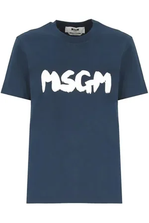 Msgm Koszulki, Kobieta, Niebieski, L, Bawełna, Bawełniany T-shirt z Krótkim Rękawem i Logo Brushed