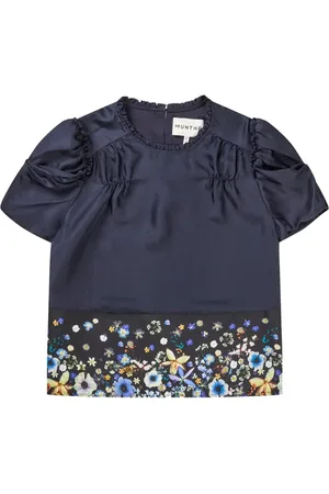 Munthe Bluzki, Kobieta, Niebieski, XS, Elegancka jedwabna bluzka w kwiatowy wzór