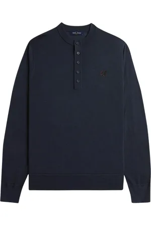 Fred Perry Swetry, Mężczyzna, Niebieski, L, Wełna, Dzianinowe polo Henley z długim rękawem