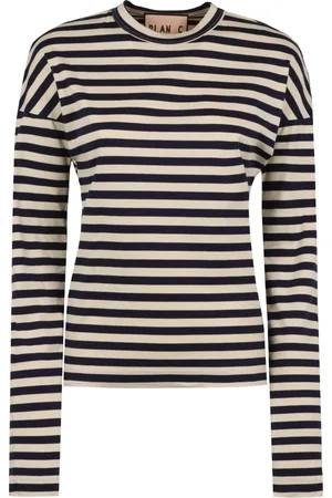 Plan C Koszulki, Kobieta, Niebieski, M, Długirękawowy T-shirt w Paski z Bawełny