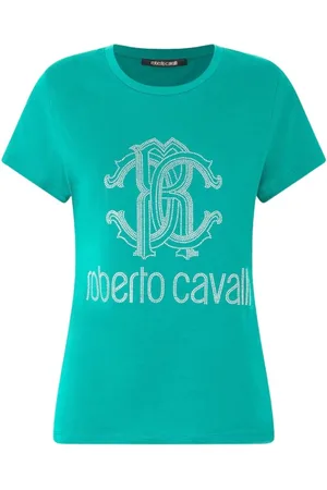 Roberto Cavalli Koszulki, Kobieta, Zielony, L, Studded Monogram Crew Neck Cotton T-Shirt
