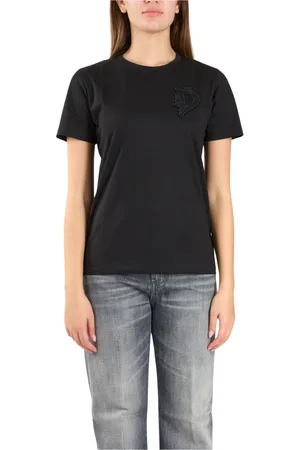 Dondup Koszulki, Kobieta, Czarny, S, Bawełna, Bawełniany T-shirt Jersey z Haftem