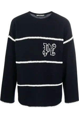 Palm Angels Swetry, Mężczyzna, Niebieski, S, Wełna, Niebieski sweter z szydełkowymi paskami