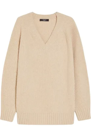 Max Mara Swetry, Kobieta, Beżowy, M, Wełna, Sweter z Dzianiny z Dekoltem w Serek