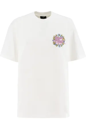 Etro Koszulki, Kobieta, Biały, XS, Bawełna, Bawełniany T-shirt z Okrągłym Dekoltem i Motywem Kwiatowym Pegaza