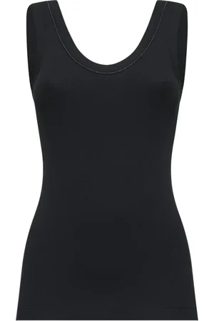Brunello Cucinelli Koszulki, Kobieta, Czarny, XL, Bawełna, Monili Embroidered Tank Top
