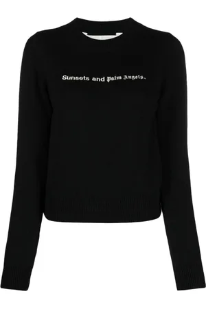 Palm Angels Swetry, Kobieta, Czarny, L, Wełna, Sweter dzianinowy z okrągłym dekoltem