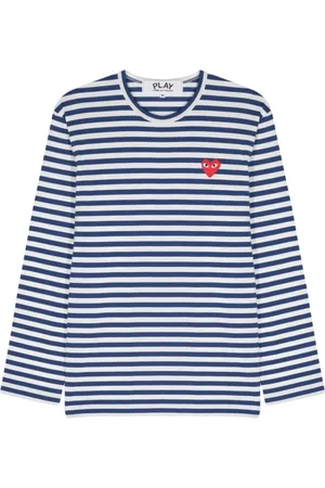 Comme des Garçons Koszulki, Kobieta, Niebieski, L, Niebieski T-shirt w Paski z Naszywką Serca