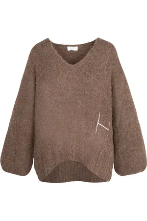 Hest Swetry, Kobieta, brązowy, M, Nylon, Sweter oversize z dekoltem w serek