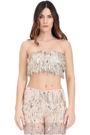 SIMONA CORSELLINI Koszulki, Kobieta, Różowy, S, Cekiny, Różowy Frędzle Cekiny Top Bandeau