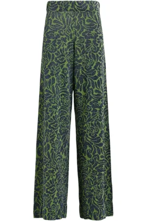 Essentiel Antwerp Spodnie, Kobieta, Zielony, M, Nylon, Kwiatowy Jacquard Spodnie z wysokim stanem i rozszerzanymi nogawkami