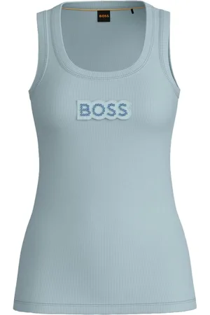 HUGO BOSS Koszulki, Kobieta, Niebieski, S, Bawełna, Koronkowy bawełniany top z logo kryształowym