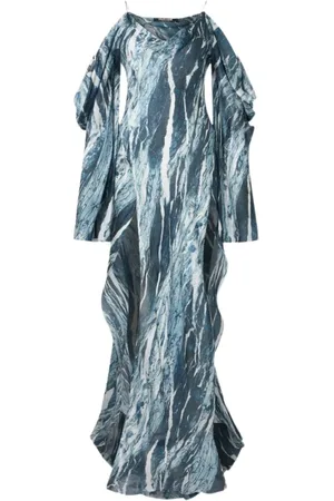 Roberto Cavalli Sukienki, Kobieta, Niebieski, L, Jedwabna sukienka wieczorowa z marmurkowym wzorem