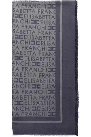 Elisabetta Franchi Akcesoria, Kobieta, Niebieski, ONE SIZE, Poliester, Niebieski szal w logo z postrzępionymi brzegami