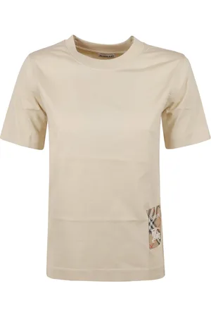 Burberry Koszulki, Kobieta, Beżowy, XS, Bawełna, T-shirt z etykietą w kratę