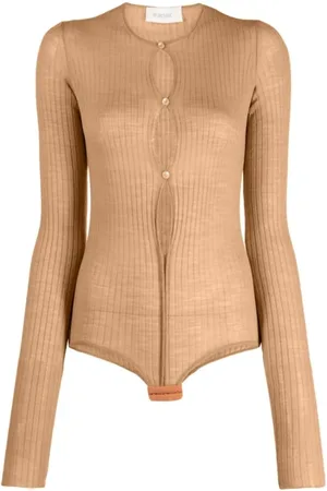 Sportmax Koszulki, Kobieta, Beżowy, M, Prążkowane body z dzianiny zapinane na guziki