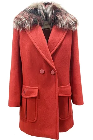 Fendi Płaszcze, Kobieta, Czerwony, XS, Wełna, Wełniany płaszcz z kołnierzem z futra lisa