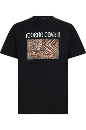 Roberto Cavalli Koszulki, Mężczyzna, Czarny, XL, Bawełna, Koszulka z nadrukiem zwierzęcym i logo z okrągłym dekoltem