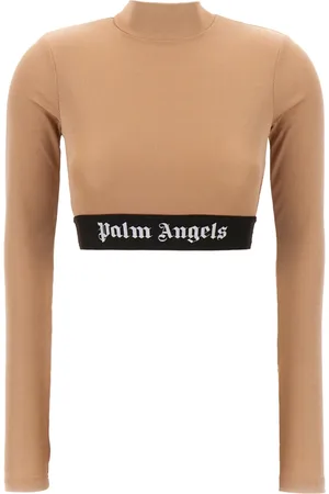 Palm Angels Koszulki, Kobieta, Beżowy, M, Poliester, Top z długim rękawem i logo na pasie