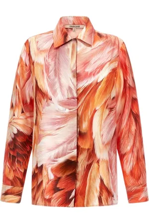 Roberto Cavalli Bluzki, Kobieta, Wielobarwność, M, Pomarańczowa Koszula z nadrukiem piór Made in Italy