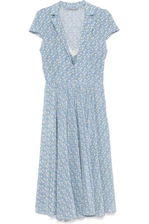 ERMANNO SCERVINO Sukienki, Kobieta, Niebieski, S, Bawełna, Niebieska sukienka midi w kwiaty z dekoltem w serek
