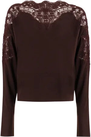 ERMANNO SCERVINO Swetry, Kobieta, Czerwony, L, Elegancki sweter z koronkowym dekoltem w łódkę
