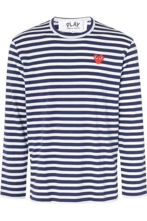 Comme des Garçons Koszulki, Mężczyzna, Niebieski, S, Bawełna, Koszulka z Długim Rękawem w Paski z Naszywką w Kształcie Serca
