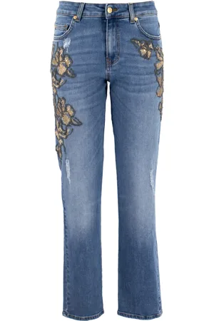 ERMANNO SCERVINO Jeansy, Kobieta, Niebieski, M, Bawełna, Kwiatowe spodnie Skinny Jeansy ze złotymi nićmi