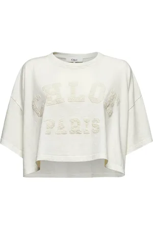Chloé Koszulki, Kobieta, Beżowy, S, Bawełna, Krótki T-shirt z Teksturowanym Logo