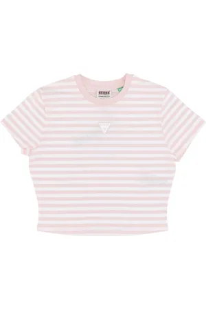 Guess Koszulki, Kobieta, Wielobarwność, L, Bawełna, Prążkowany T-shirt Crop Bawełna Róż