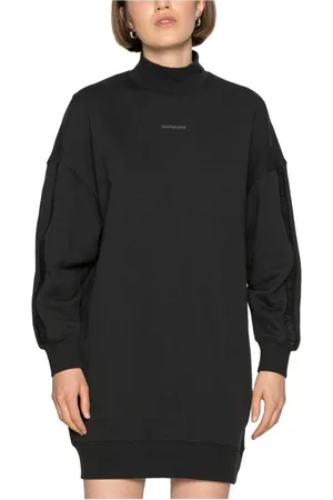 Calvin Klein Sukienki, Kobieta, Czarny, XS, Bawełna, Sukienka Mockeck z logo