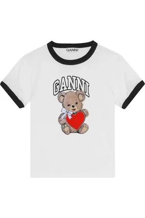Ganni Koszulki, Kobieta, Biały, S, Bawełna, T-shirt z nadrukiem logo z misiem Teddy