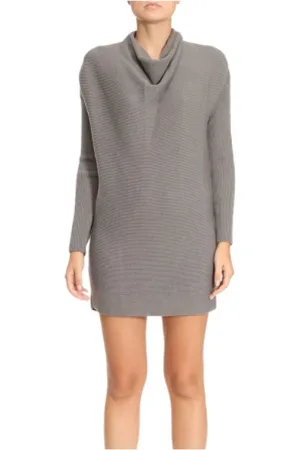 Emporio Armani Sukienki, Kobieta, Beżowy, S, Wełna, Sukienka z długim rękawem, prążkowana, z drapowanym kołnierzem