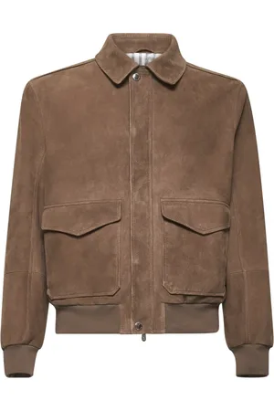 Brunello Cucinelli Kurtki, Mężczyzna, brązowy, 2XL, Kamela Skórzana Kurtka z Kołnierzykiem