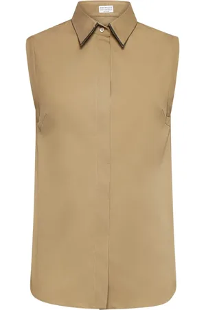 Brunello Cucinelli Bluzki, Kobieta, Zielony, M, Bawełna, Koszulka bez rękawów z błyszczącą lamówką