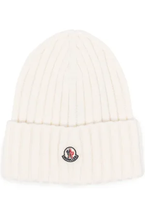 Moncler Akcesoria, unisex, Biały, ONE SIZE, Wełna, Wełniana czapka beanie w kolorze kości słoniowej z prążkowanej dzianiny