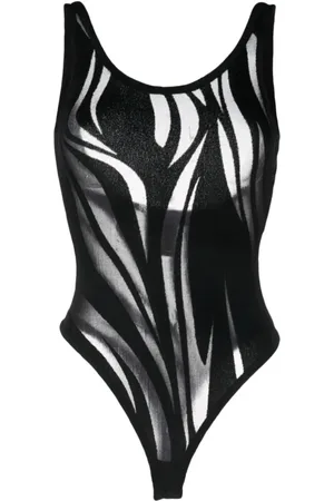 MUGLER Koszulki, Kobieta, Czarny, L, Czarna siateczkowa bluzka body z wzorem