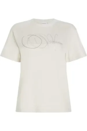 Calvin Klein Koszulki, Kobieta, Beżowy, L, Bawełna, T-shirt Regular z nadrukiem kółek
