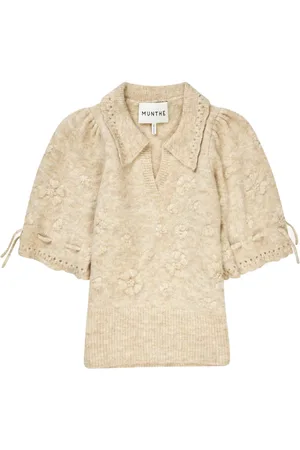 Munthe Swetry, Kobieta, Beżowy, L, Elegancki sweter polo z haftem kwiatowym