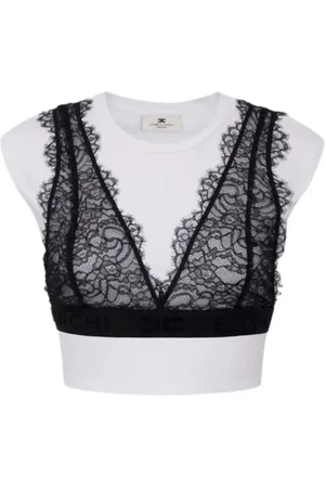 Elisabetta Franchi Bluzki, Kobieta, Biały, M, Bawełna, Biała bluzka z koronkowym braletem, dopasowany krój