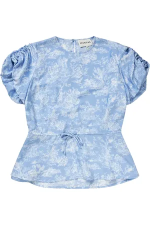 Munthe Koszulki, Kobieta, Niebieski, 2XL, Len, Elegancka Bluzka z Nadrukiem i Bufiastymi Rękawami