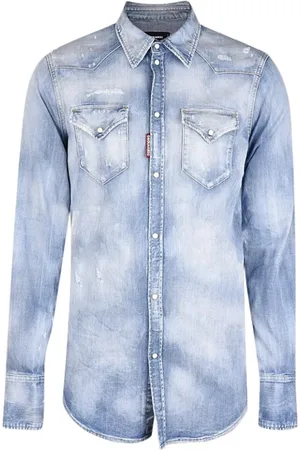 Dsquared2 Koszule, Mężczyzna, Niebieski, S, Bawełna, Niebieska koszula jeansowa z efektem sprania i zatrzaskami