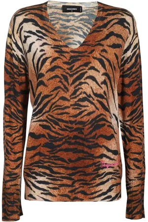 Dsquared2 Swetry, Kobieta, Wielobarwność, XS, Wełna, Sweter z Wełny Virgin w Animal Print