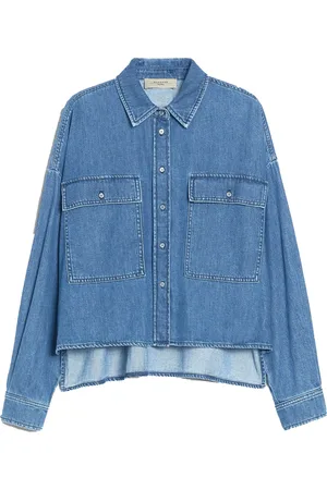 Max Mara Bluzki, Kobieta, Niebieski, XS, Bawełna, Niebieska koszula jeansowa z dużymi kieszeniami