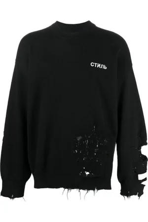 Heron Preston Bluzy, Mężczyzna, Czarny, L, Wełna, Sweter dziergany z logo i efektem zniszczenia