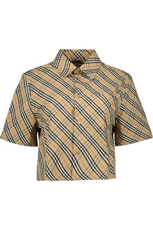 Burberry Bluzki, Kobieta, Beżowy, S, Bawełna, Krótka koszula w kratę w stylu vintage