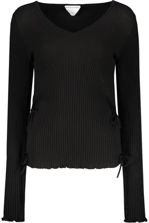 Bottega Veneta Swetry, Kobieta, Czarny, M, Bawełna, Sweter z bawełny prążkowanej z dekoltem w serek